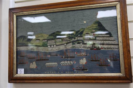 A Victorian woolwork picture of Victoria City, Hong Kong, overall 27.75 x 18.5in.